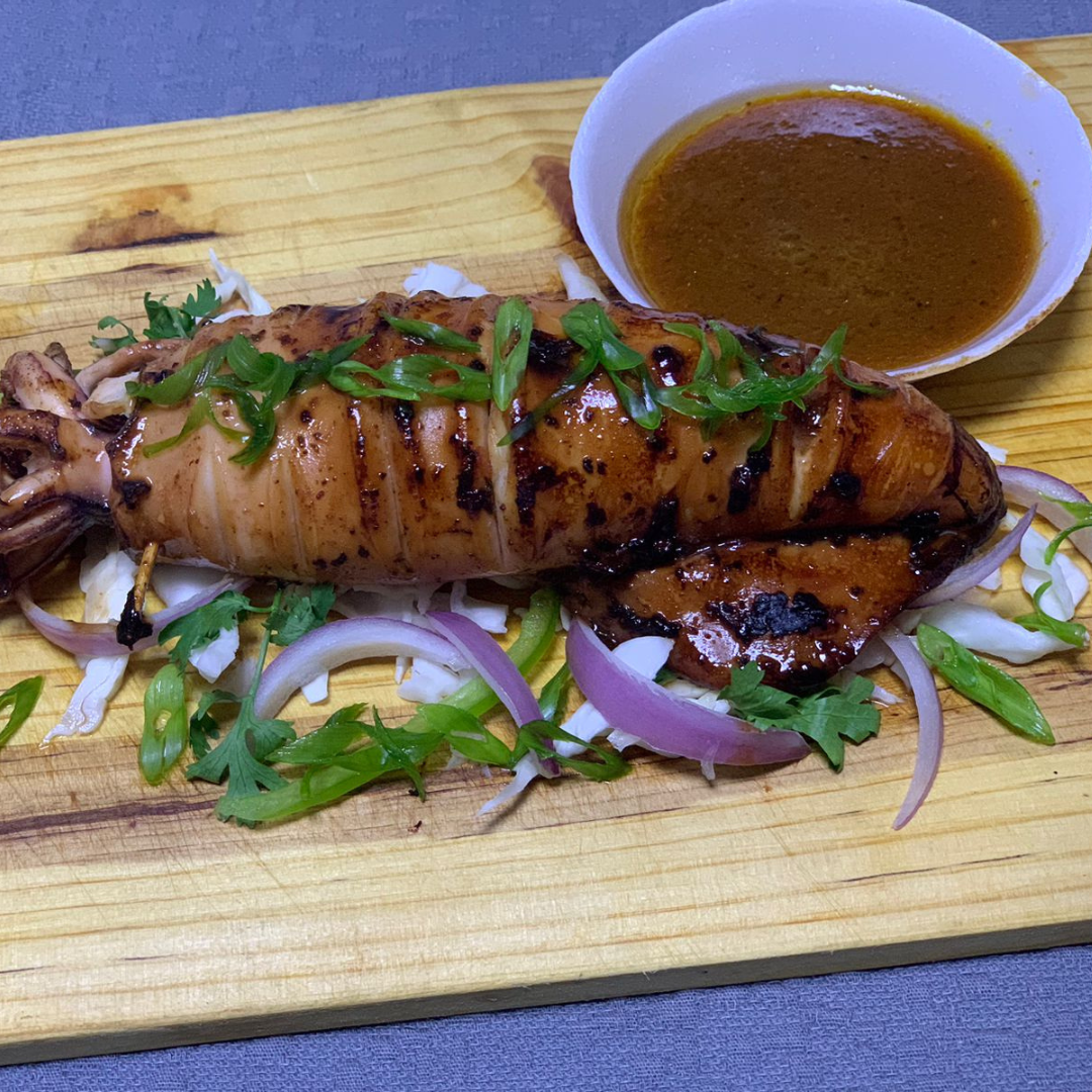 Grilled Stuffed Squid With Peri Peri Sauce (Served With 2 Cups Of Rice And Cucumber Salsa)